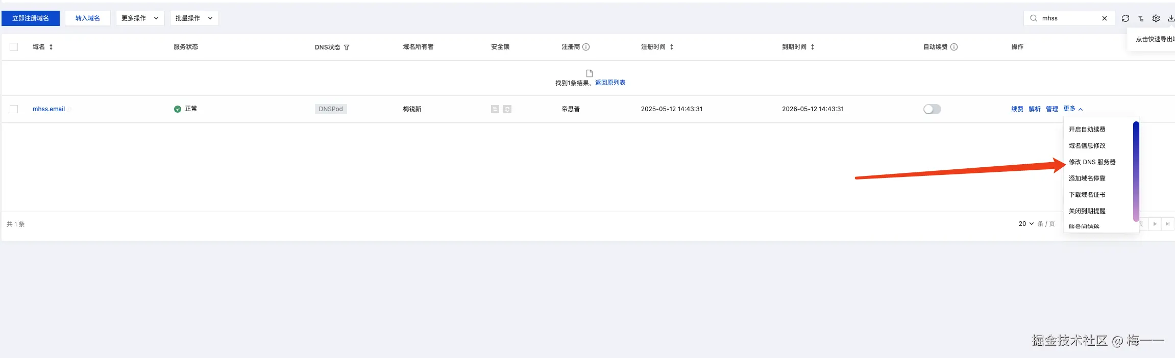 域名管理页面操作菜单