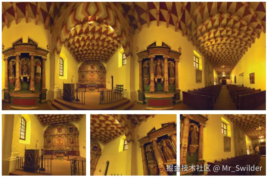 图13.2：Mission Dolores（一个位于旧金山的教堂）的全景图，底部的三张图片是根据这个全景图生成的。请注意这些视图本身是如何看起来不失真的。