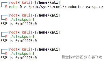 图 11.6 – 我们的栈指针程序在禁用随机化后