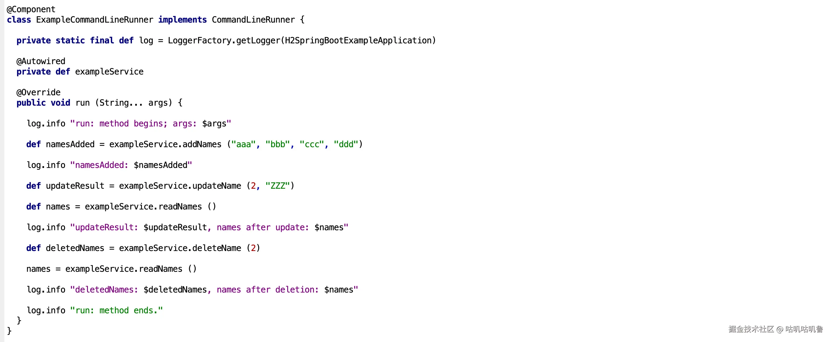 在应用程序启动时运行的 Spring 组件类，通过 ExampleService 执行数据库操作并记录结果。