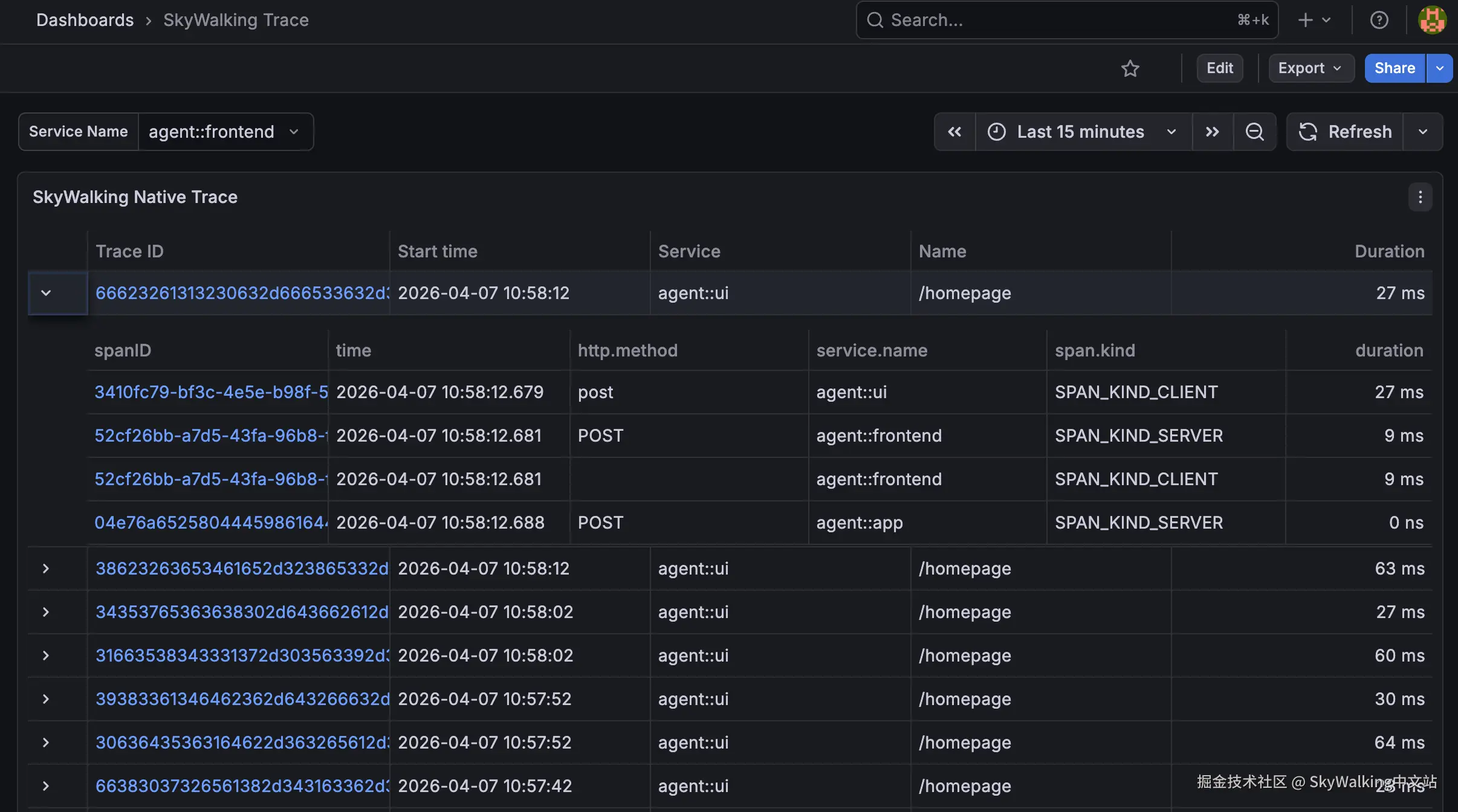 SkyWalking 追踪列表