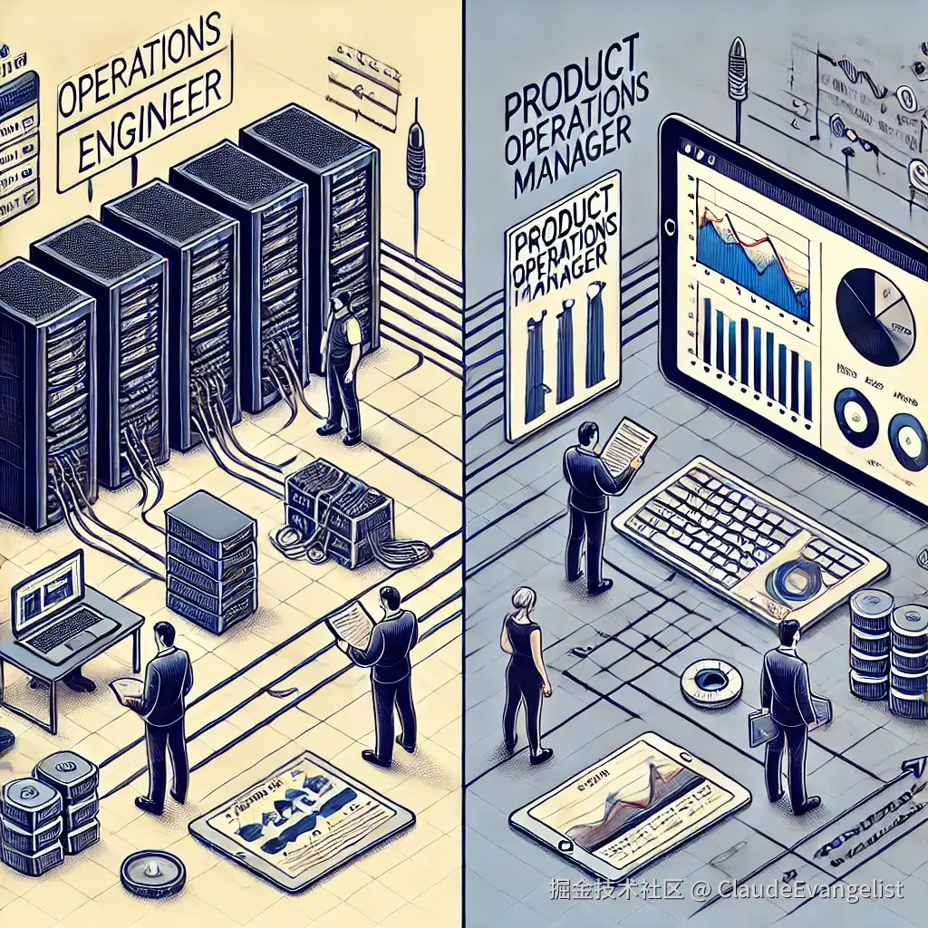 DALL·E 2024-09-22 23.15.28 - A detailed illustration that shows two contrasting roles in a tech company_ one for 'Operations Engineer' managing servers and technical infrastructur.webp