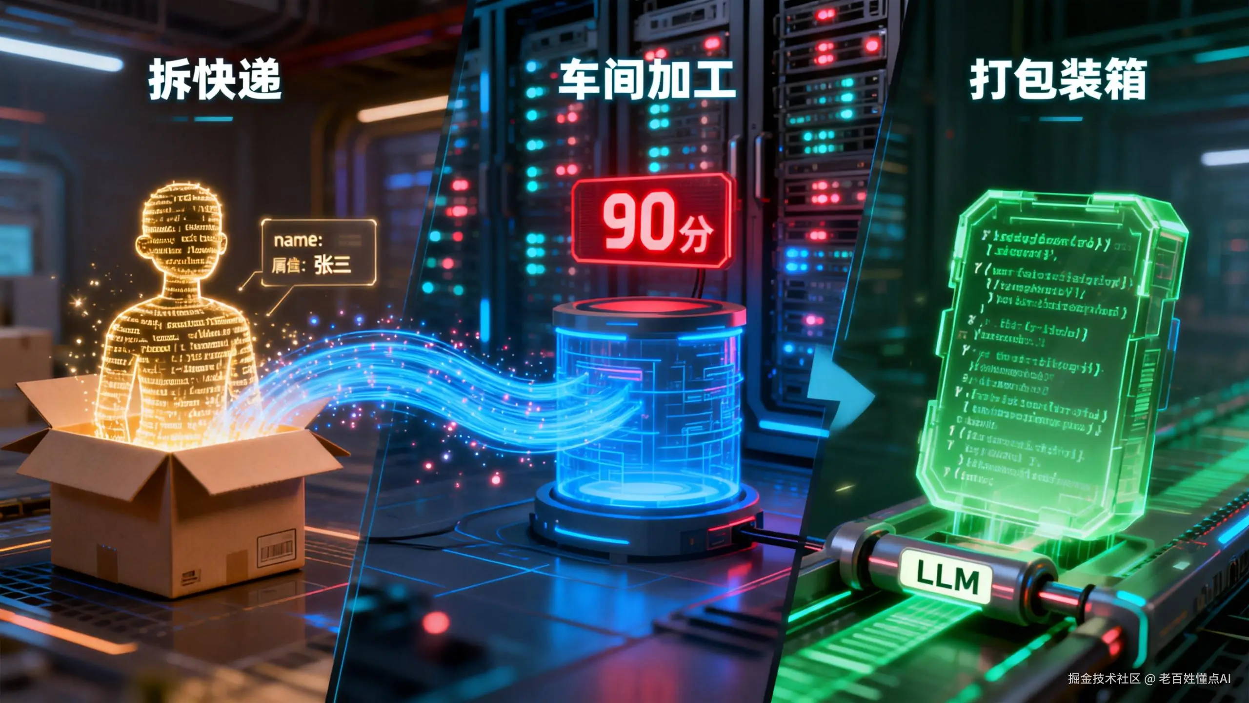 jimeng-2026-01-13-4323-赛博朋克风格数据流转可视化，三阶段动态场景融合：左侧是 “拆快递” 环节，JSO....png
