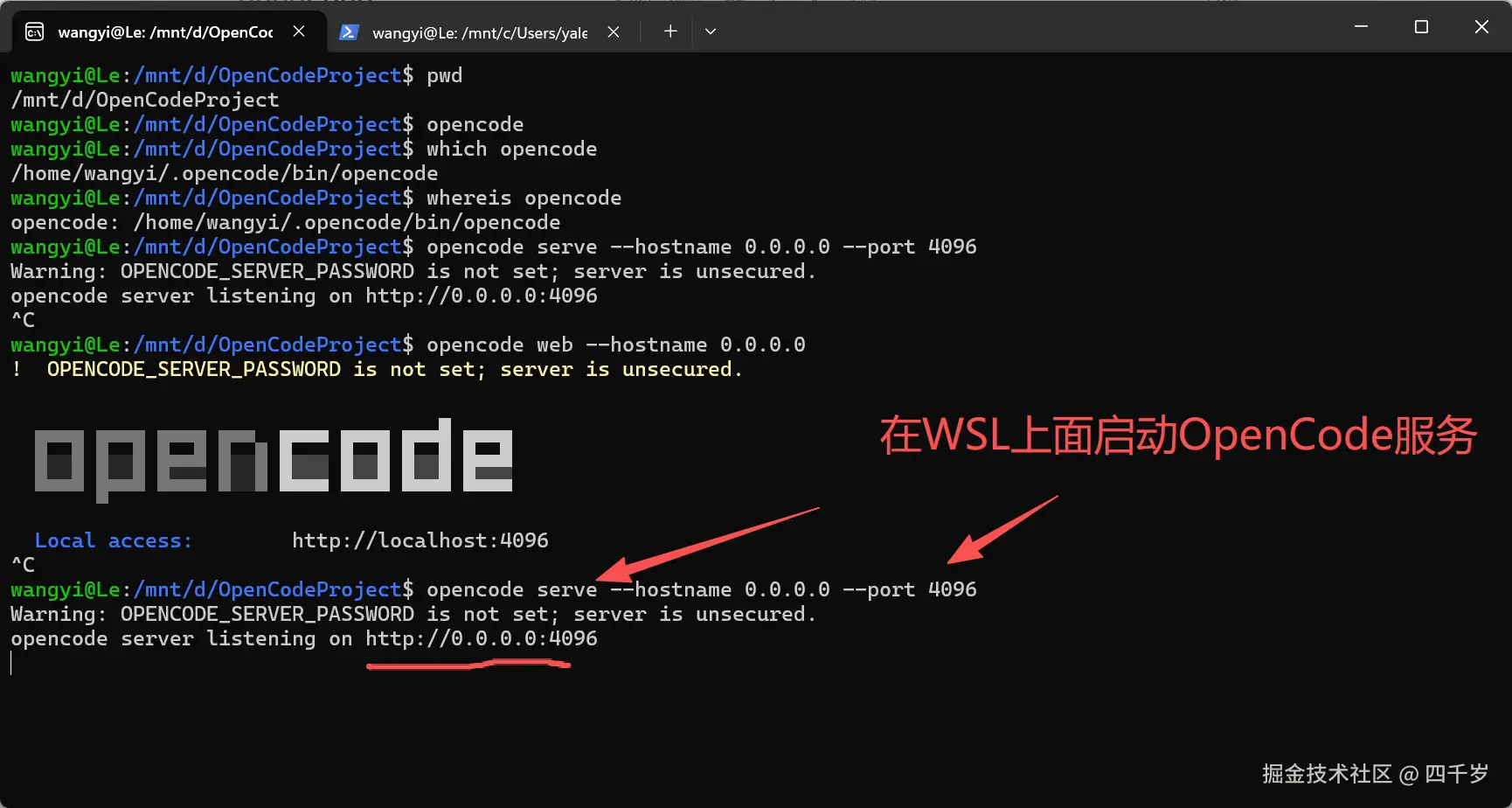 在WSL上面启动OpenCode服务器
