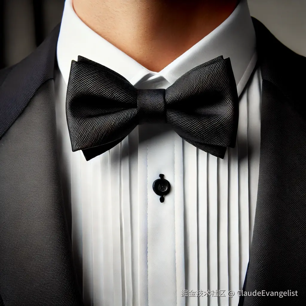DALL·E 2024-12-07 22.58.37 - A classic bow tie, black in color, placed on a white shirt collar, with a tuxedo jacket in the background. The bow tie should look elegant and traditi.webp