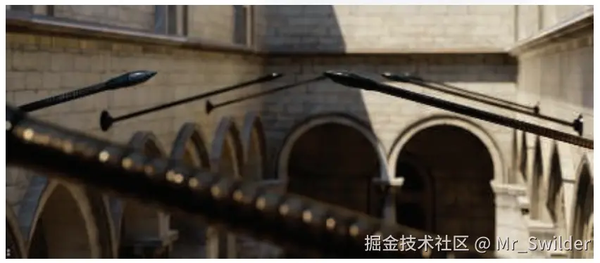 图12.16：近景深和远景深。在前景中，明亮的反射杆上存在五边形的散景。 [1408]