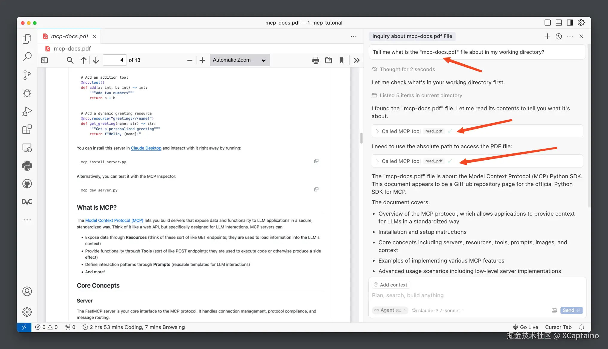 Cursor IDE interface showing the document-reader MCP server successfully extracting and analyzing content from a PDF file with AI-generated response