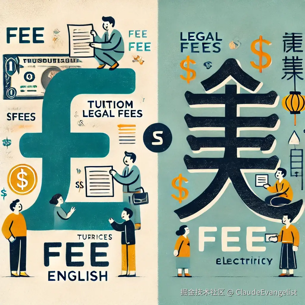 DALL·E 2024-09-11 22.38.54 - A comparison illustration showing the word 'fee' in English and the Chinese character '费' side by side. On one side, show English-speaking people disc.webp
