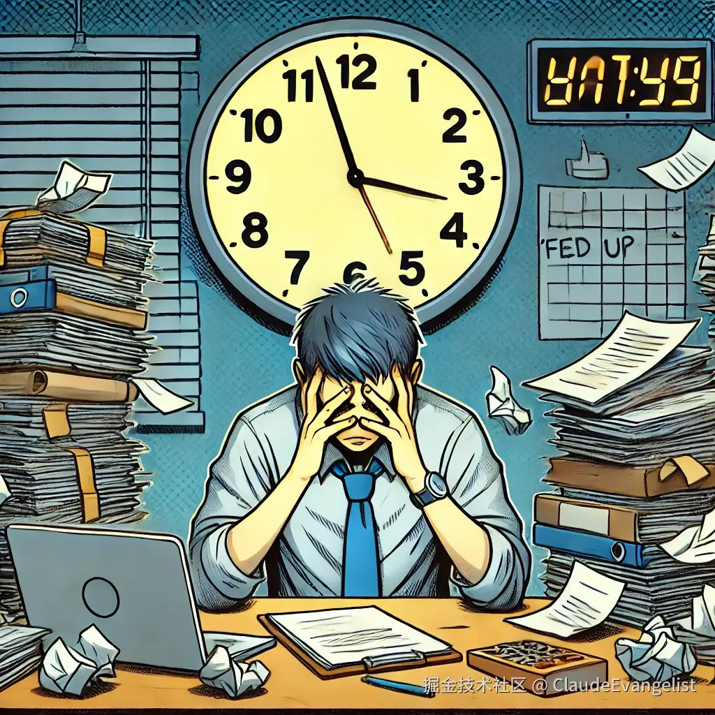 DALL·E 2024-11-12 22.50.35 - An illustration of a person sitting at a desk with a frustrated expression, surrounded by piles of paperwork and a clock showing late hours. The perso.webp