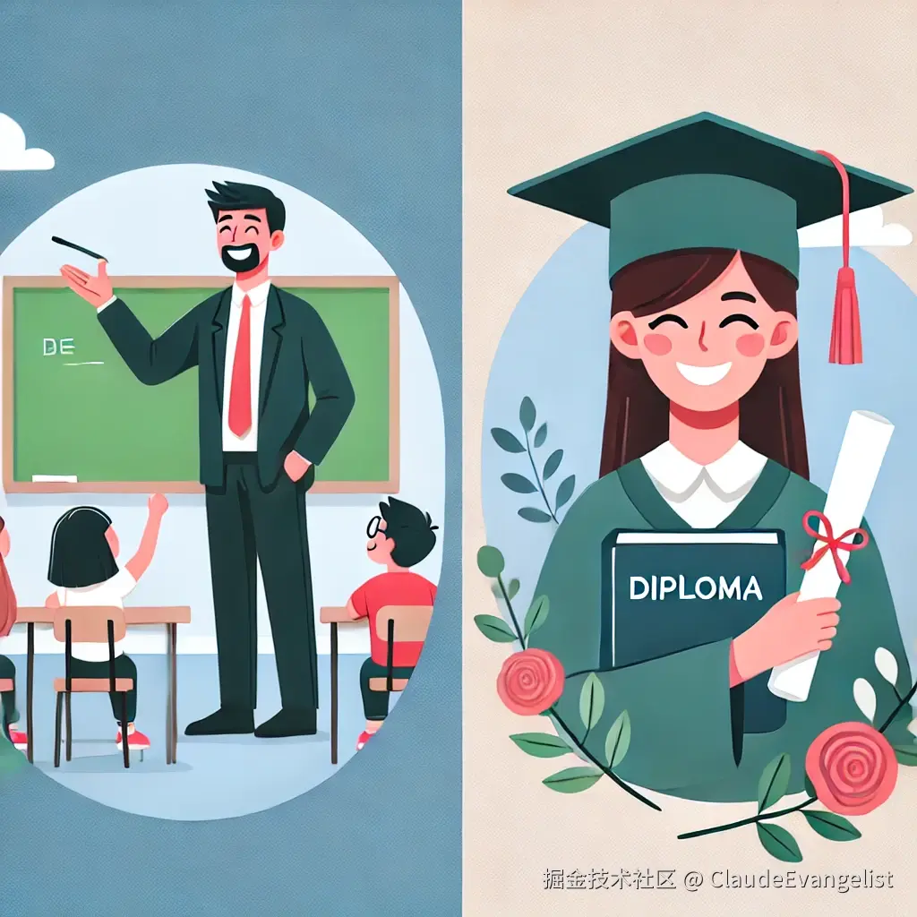 DALL·E 2024-11-03 23.05.27 - An illustration showing a teacher happily teaching in front of a class to represent 'being' a teacher on one side, and a person holding a diploma with.webp