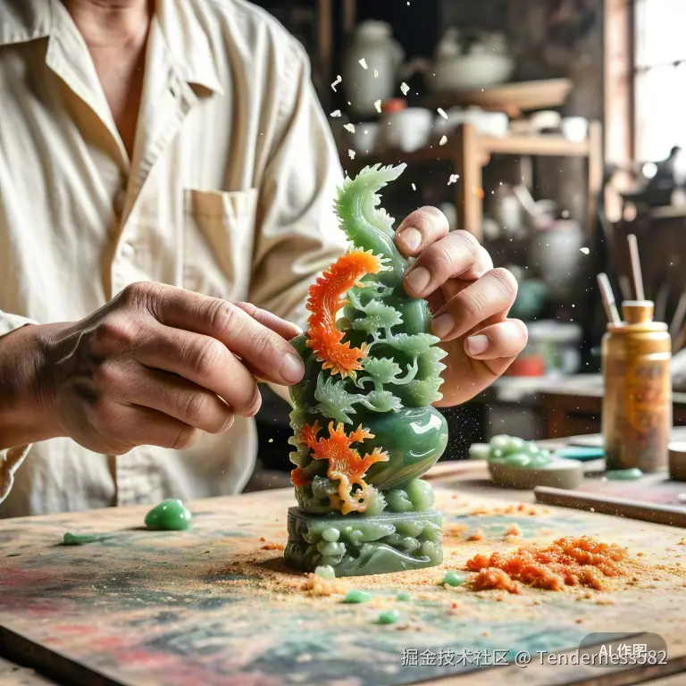 一位身穿工装的玉雕师傅正在聚精会神地雕刻一件精美的独山玉摆件，特写镜头展示其灵巧的双手和飞舞的玉屑，背景是典型的南阳工作室场景