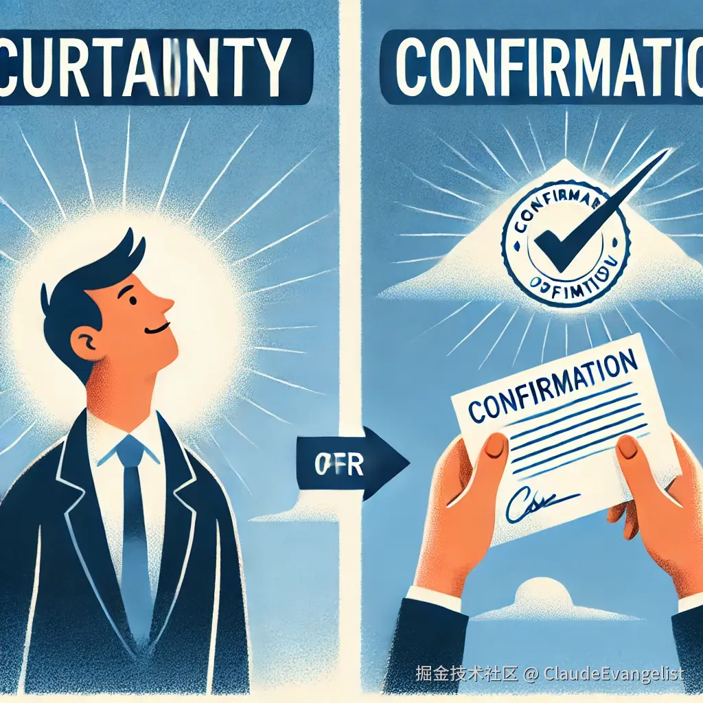 DALL·E 2025-01-03 17.26.18 - An educational illustration showing the difference between the words 'certainty' and 'confirmation' in English. On one side, 'certainty' is depicted w.webp