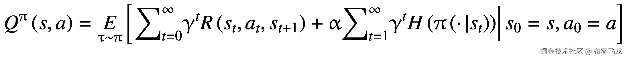 {Q}^{\uppi}\left(s,a\right)=\underset{\uptau \sim \uppi}{E}\left[\left.{\sum}_{t=0}^{\infty }{\upgamma}^tR\left({s}_t,{a}_t,{s}_{t+1}\right)+\upalpha {\sum}_{t=1}^{\infty }{\upgamma}^tH\left(\uppi \left(\cdotp |{s}_t\right)\right)\right|{s}_0=s,{a}_0=a\right]
