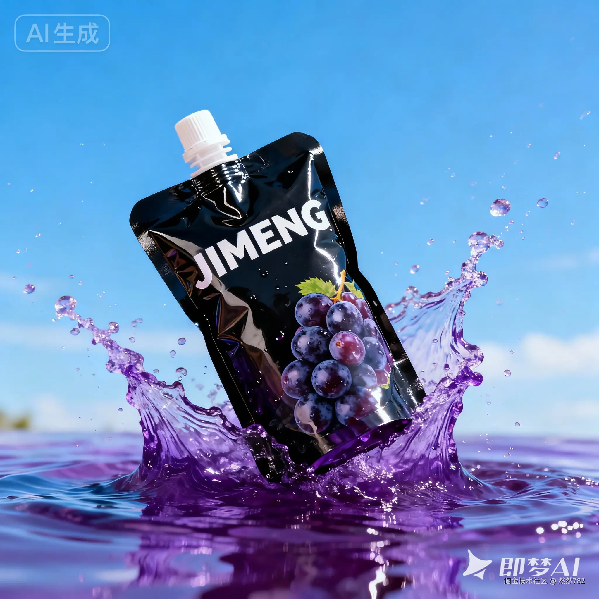jimeng-2025-11-12-2556-一袋黑葡萄汁，产品名为“JIMENG”掉在葡萄汁里，溅起紫色水花，背景是蓝天.png