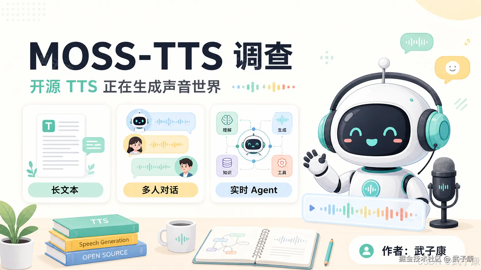 MOSS-TTS 调查封面图，标题"开源 TTS 正在生成声音世界"，围绕长文本、多人对话、实时 Agent、声音克隆、声音设计等关键词