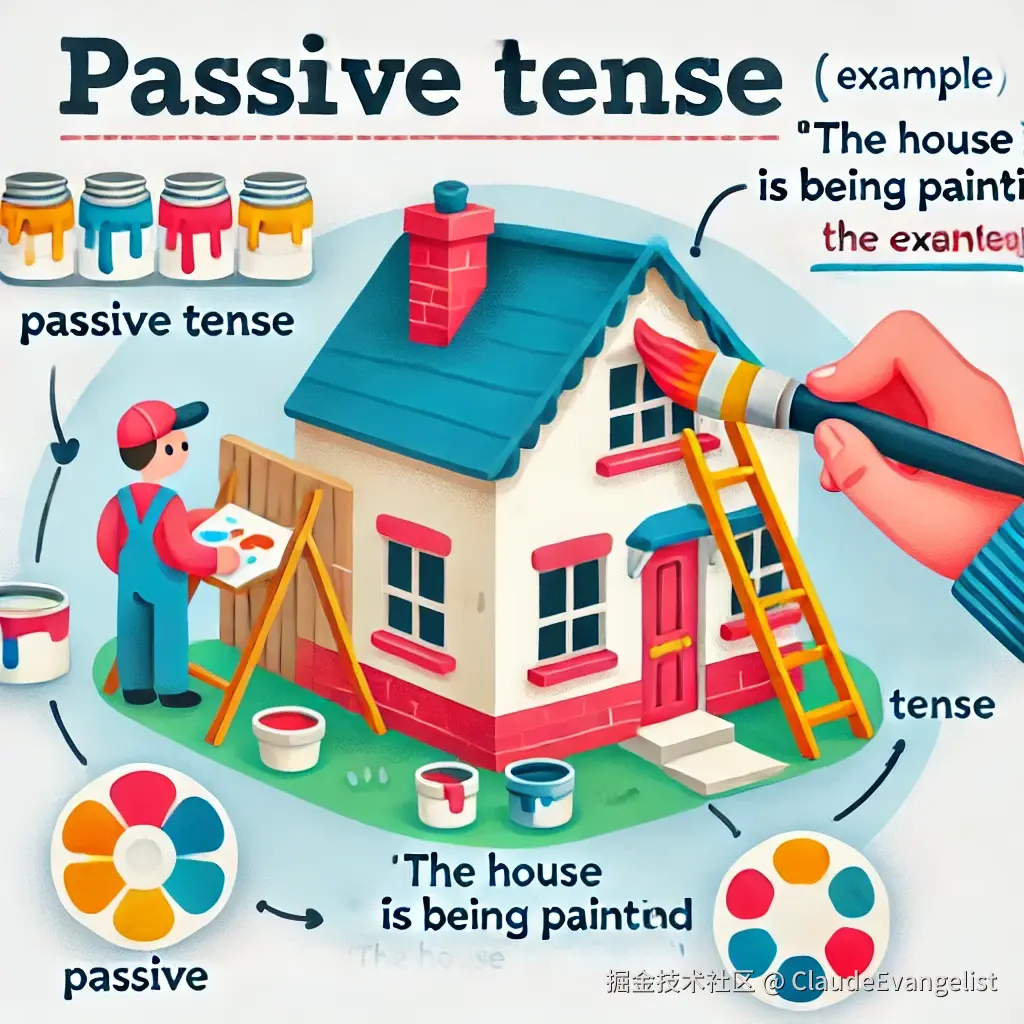 DALL·E 2024-10-04 19.31.10 - A friendly and clear educational illustration showing the concept of passive tense in English grammar. It includes an example of 'The house is being p.webp