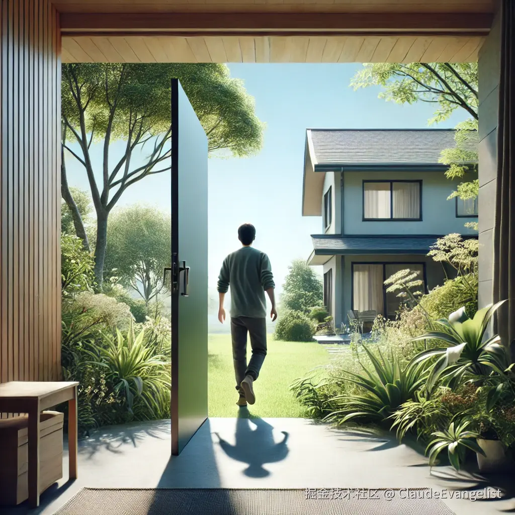 DALL·E 2024-12-16 13.10.35 - A calm and peaceful outdoor scene with a person stepping outside from a house. The house is visible in the background, and the person is walking towar.webp