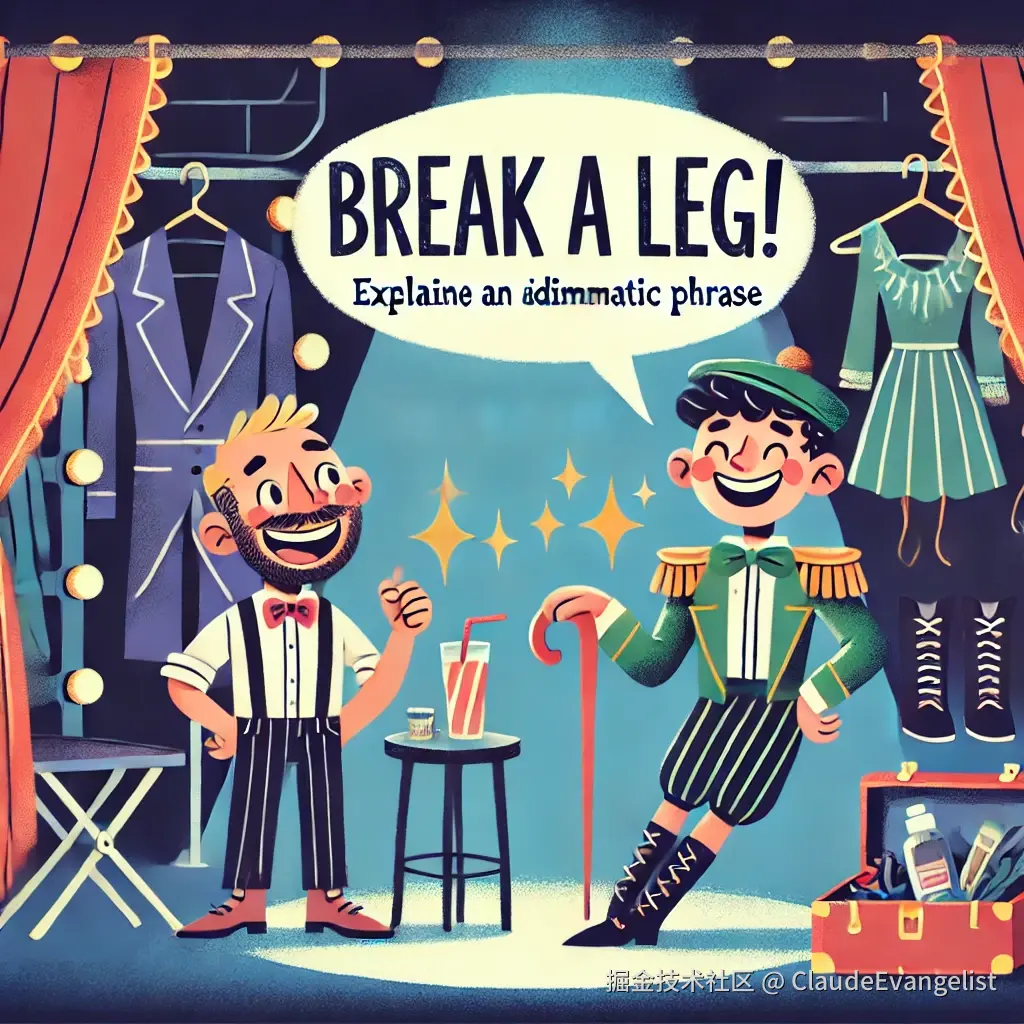 DALL·E 2024-12-07 21.03.13 - An illustration showing a cheerful actor backstage preparing to perform, with someone next to them saying 'Break a leg!' in a friendly manner. The set.webp