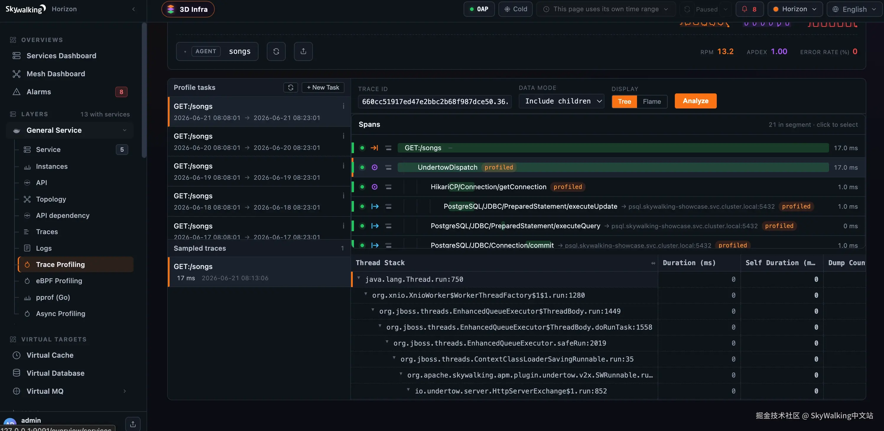 图 2：展开一个 Layer 后，它会展开成完整操作路径。这里 General Service 显示 Service、Instances、API、Topology、API dependency、Traces、Logs 和四个 profiling 引擎，右侧画布显示选中服务的仪表盘。