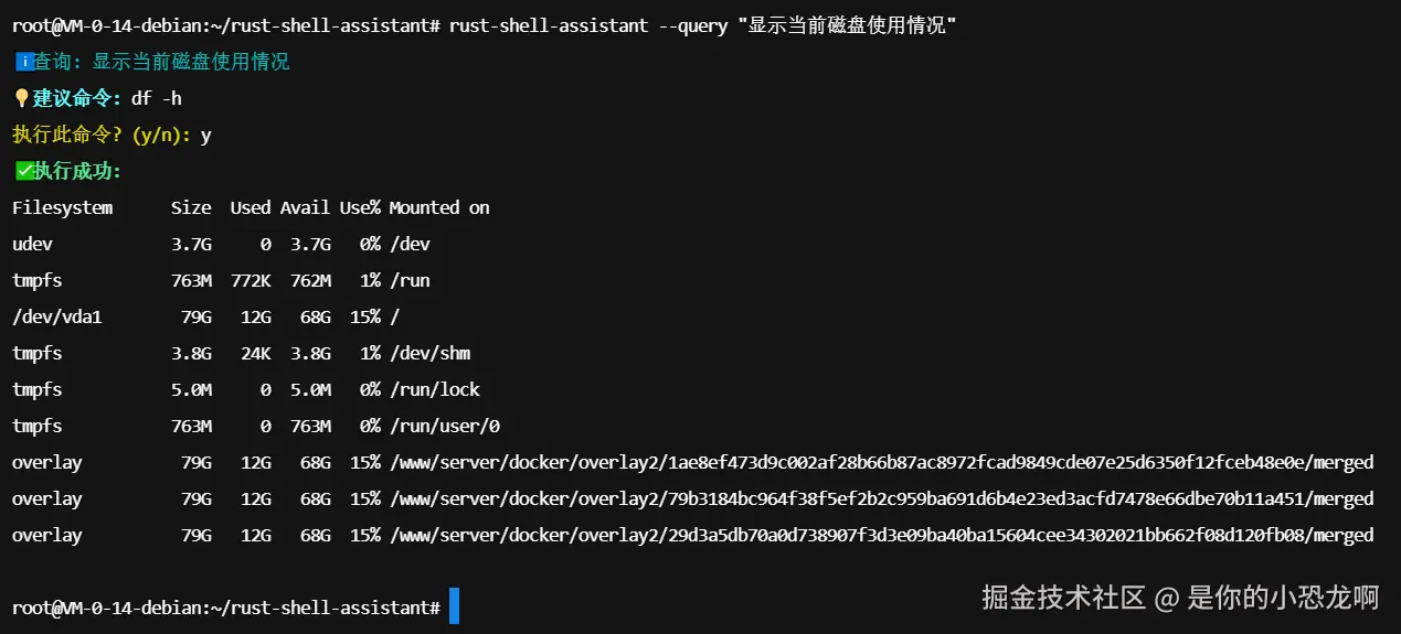 命令行单次查询演示：显示磁盘使用情况