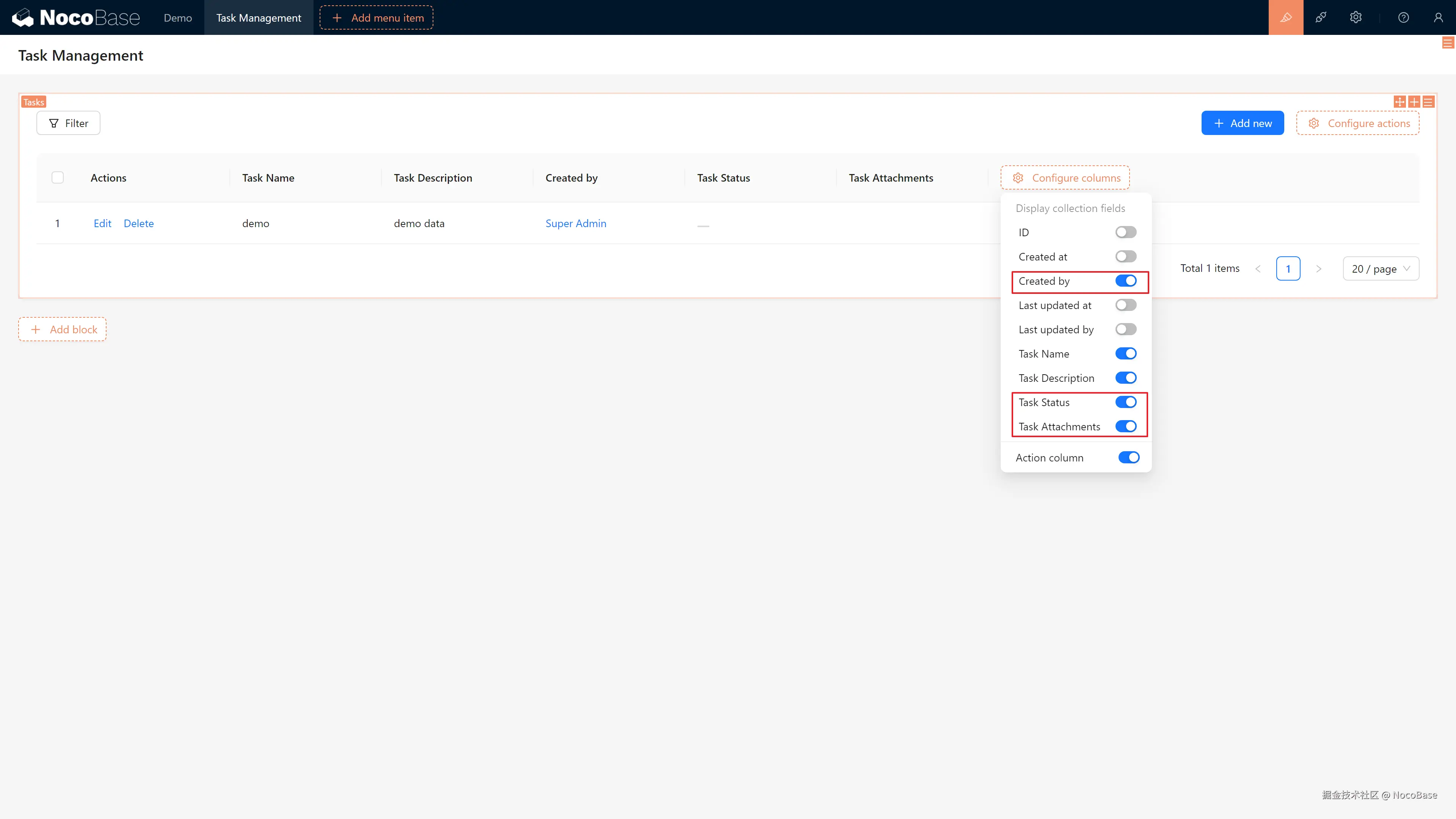 任务列表显示字段