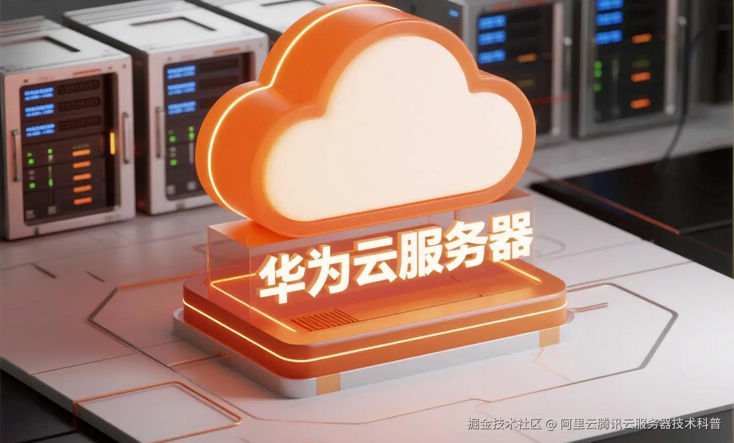jimeng-2025-07-23-2764-创建一个具有未来科技感的云服务器服务宣传图。主视觉是发光的白云和华为云相间的服务....jpeg
