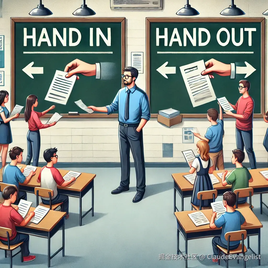 DALL·E 2024-07-23 23.29.46 - A classroom setting with a teacher standing in front of a blackboard. On one side, the teacher is collecting assignments from students, symbolizing 'h.webp