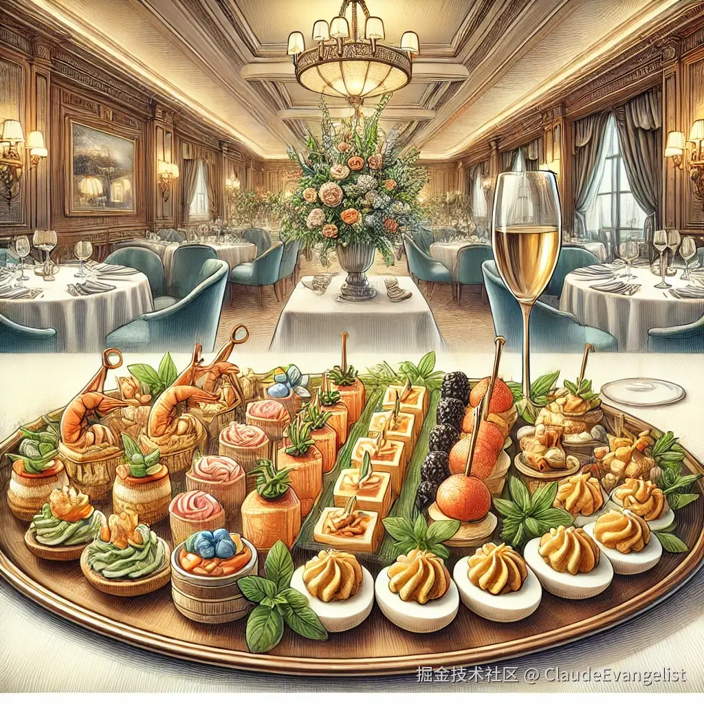 DALL·E 2024-12-16 11.19.00 - An elegant illustration of a platter of hors d'oeuvres placed on a table in a formal dining setting. The platter includes colorful canapés, stuffed mu.webp