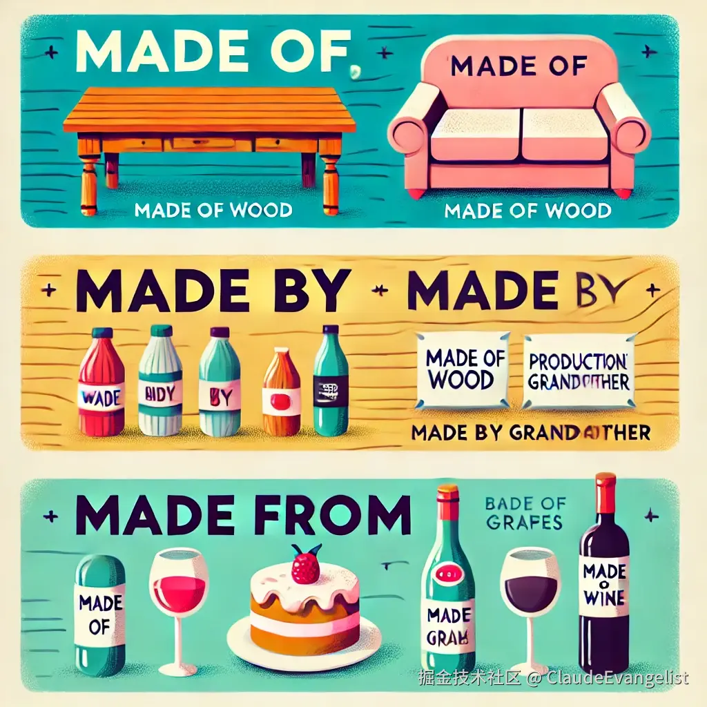 DALL·E 2024-08-13 21.46.26 - An educational illustration that visually differentiates the phrases 'made of,' 'made by,' and 'made from' in a clear and engaging way. The image shou.webp