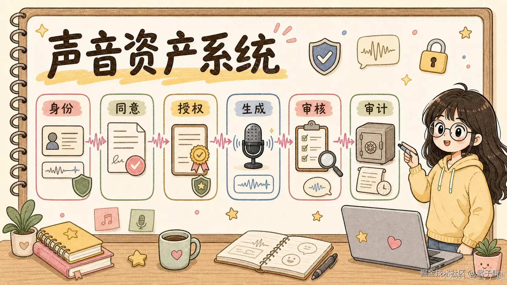 手绘笔记本风格信息图《声音资产系统》：标题"声音资产系统"配蓝色盾牌、声波对话框、金色挂锁；中央六步流程，粉红波浪箭头串联 身份（身份证+声纹+绿盾）→ 同意（签字文档+红章）→ 授权（证书+金章+盾）→ 生成（专业麦克风+声波）→ 审核（清单+放大镜）→ 审计（铁皮保险柜+时间戳日志卷轴）；右侧戴眼镜的黄色卫衣长发女孩站在桌后用笔指着"审计"步骤在讲解；前景桌面摆着带贴纸的笔记本、放有笑脸贴纸的开本、带爱心的马克杯、成摞的彩色笔记本、两盆绿植、麦克风与音乐方块小图标；右下角水印"CSDN @武子康"
