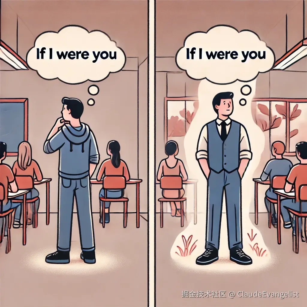 DALL·E 2024-09-17 22.27.07 - An illustration showing a split screen, where on the left side, a person is standing and thinking with the thought bubble showing the phrase 'If I wer.webp