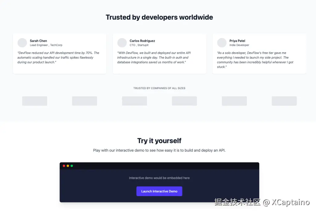 A screenshot of the "Trusted by developers worldwide" section of the landing page.