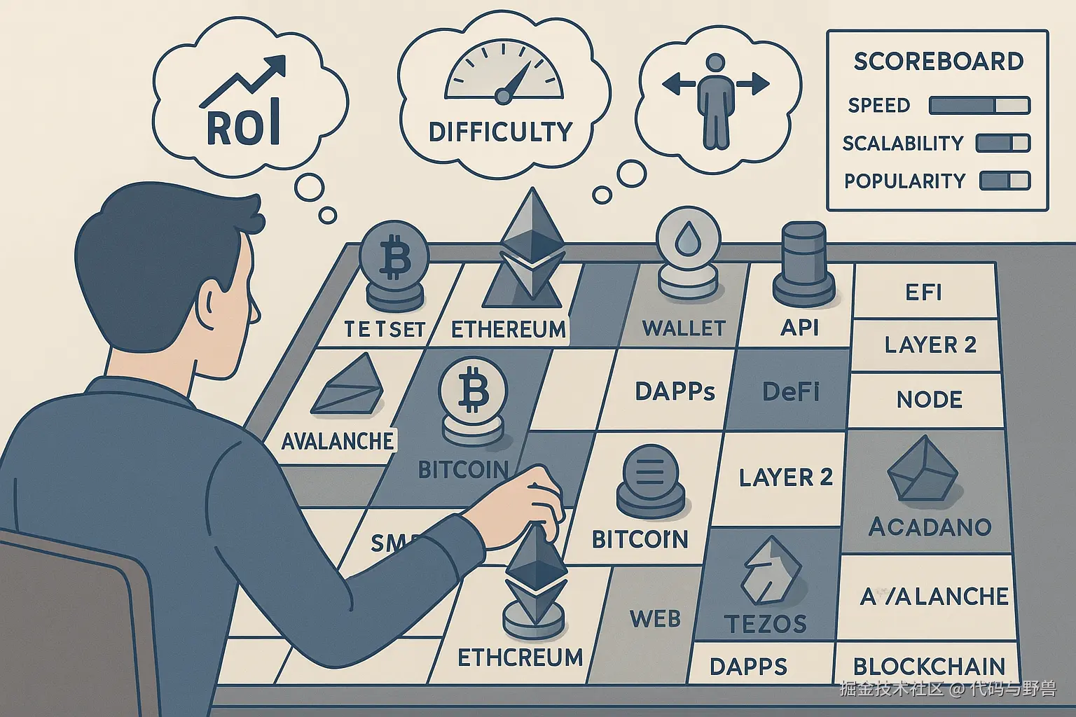 A_strategic_game_board_illustration_styled_like_chess_where_the_pieces_represent_different_blockchain_technologies_e_g_Ethereum_Bitcoin_Solana_The_player_is_a_developer_sitting_at_the_table_making_a_move_with_thought_bubbles_above_their_hea.png