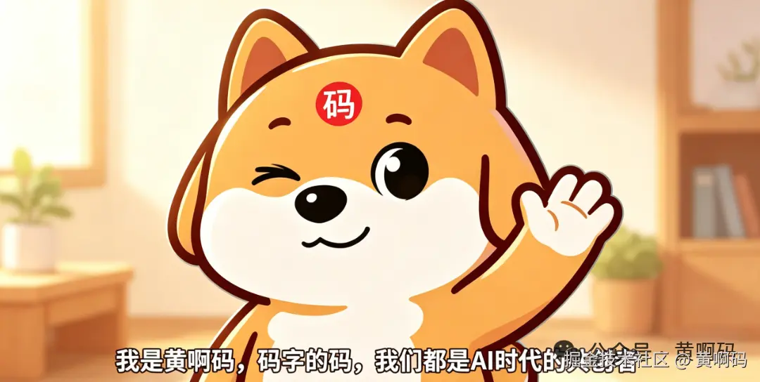 jimeng-2026-05-31-5198-结尾配图，黄啊码柴犬，双眼睁开微笑，招手问候，文字：我是黄啊码，码字的码，我们都....png