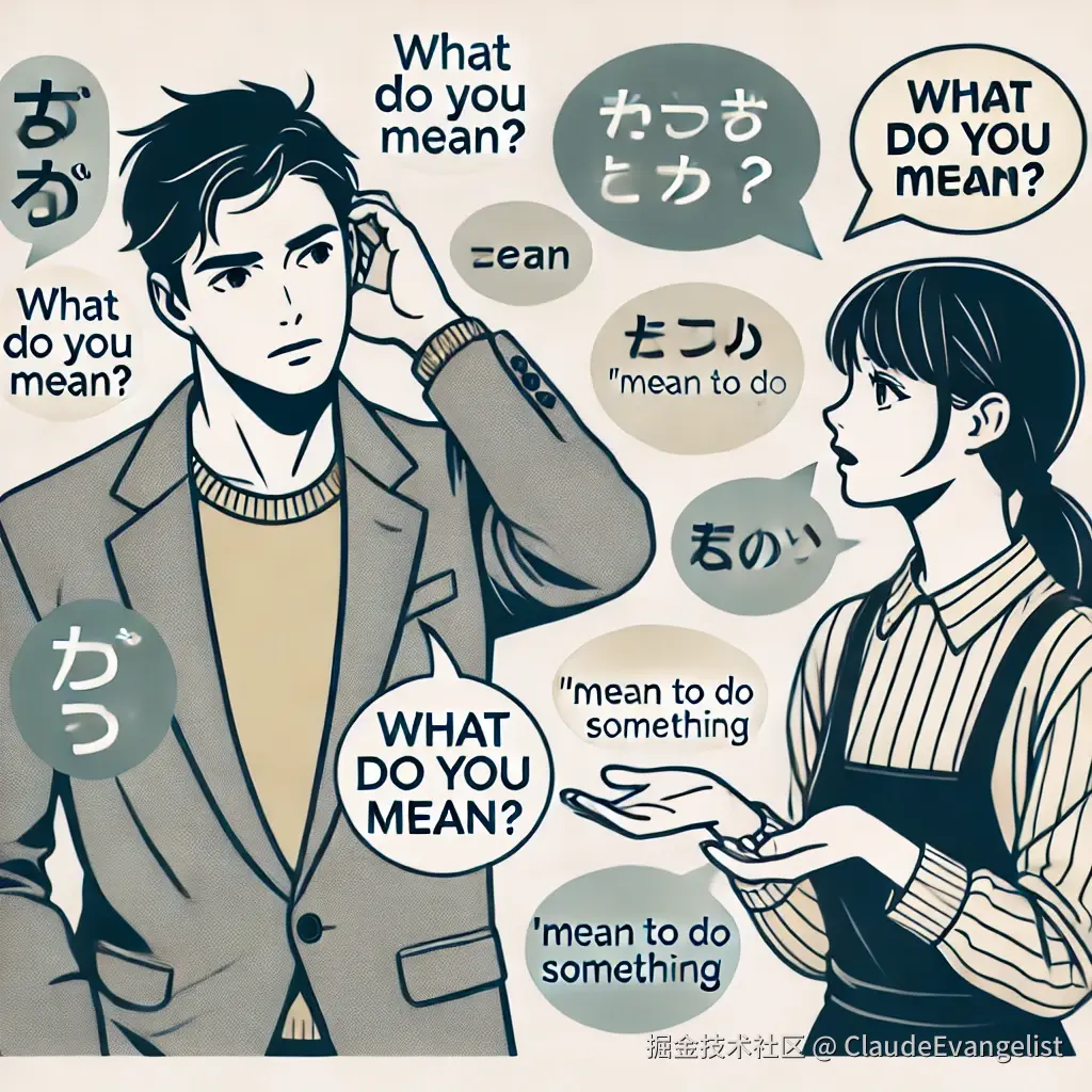 DALL·E 2024-11-12 23.06.57 - An illustration of two people having a conversation in English. One person looks puzzled, raising an eyebrow or scratching their head, while saying 'W.webp