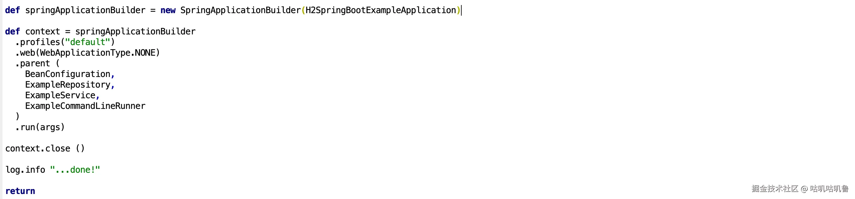使用特定的配置文件和组件配置并运行 Spring Boot 应用程序，然后关闭上下文并记录完成。