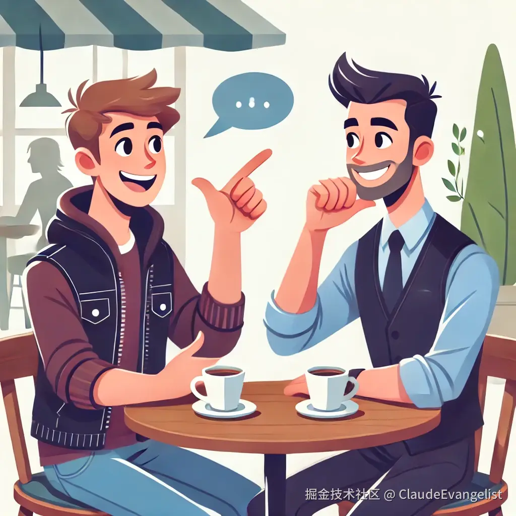 DALL·E 2024-12-10 23.38.47 - An illustration showing two friends in a lively conversation, one person gesturing enthusiastically as they convince the other to try something new, l.webp