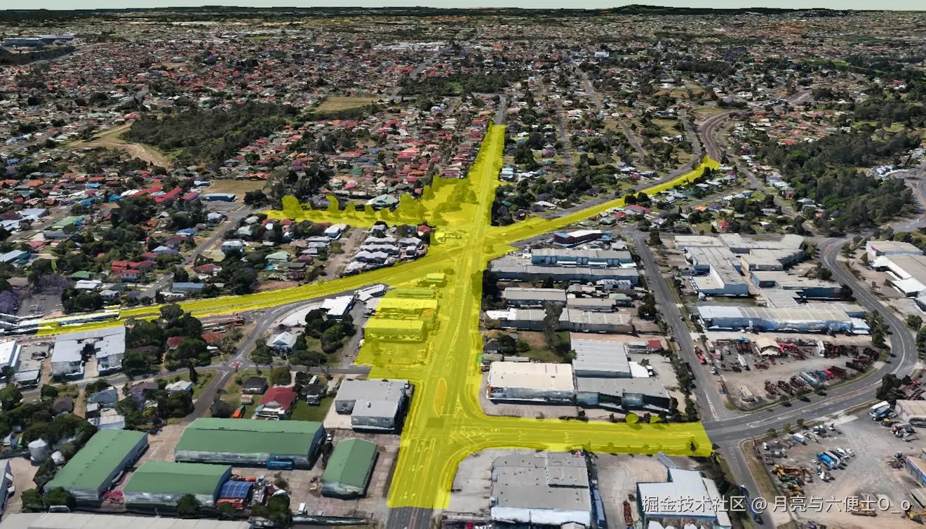 在CesiumJS中展示的Google真实感3D瓦片上的设计模型轮廓