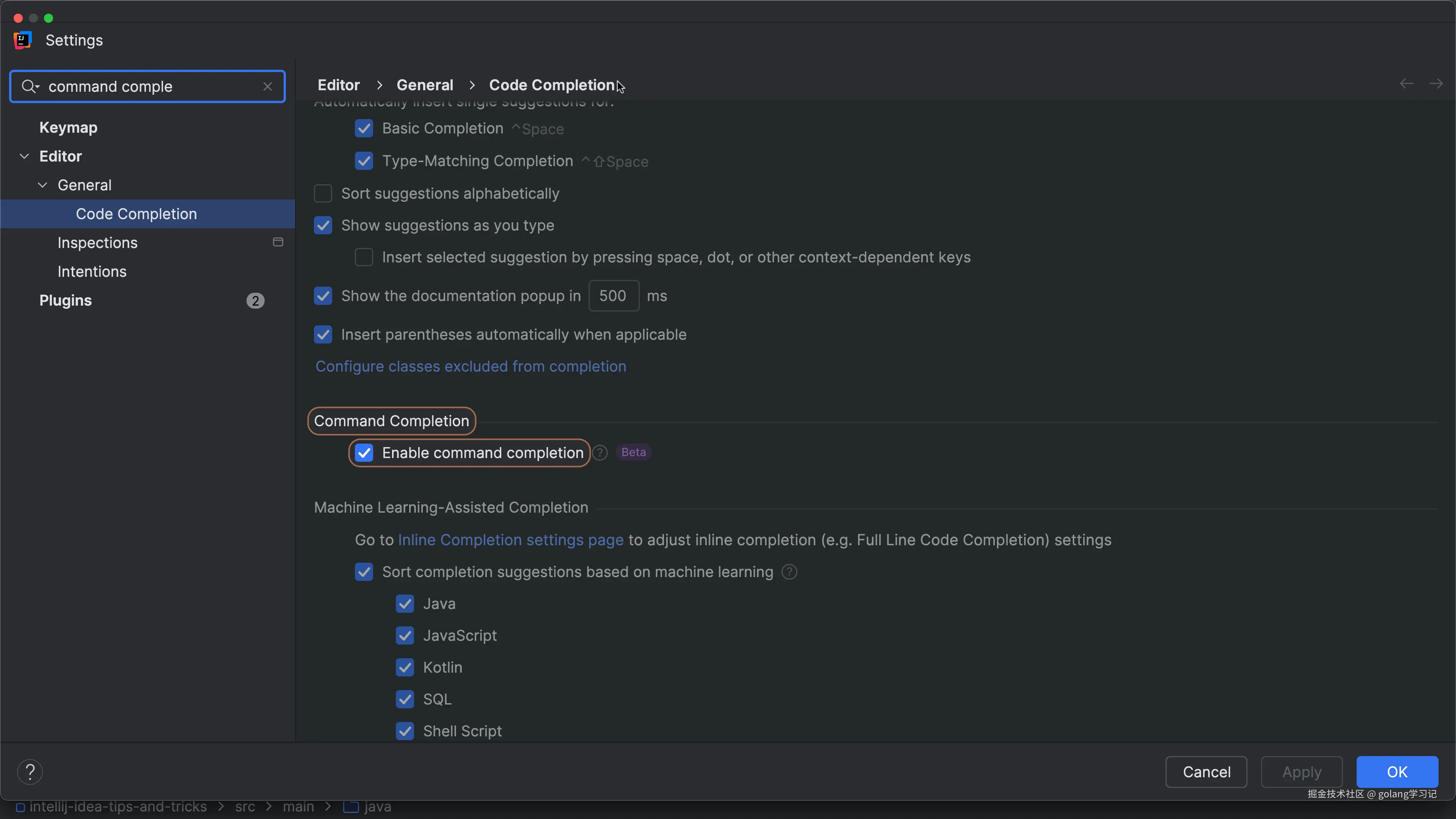 启用命令补全设置界面