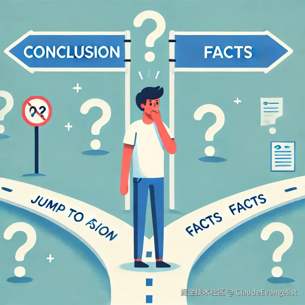 DALL·E 2024-10-26 09.04.12 - A person standing at a crossroads, with one path leading to a sign that says 'Conclusion' and another path showing question marks and facts scattered .webp