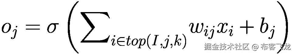 {o}_j=\sigma \left({\sum}_{i\in top\left(I,j,k\right)}{w}_{ij}{x}_i+{b}_j\right)
