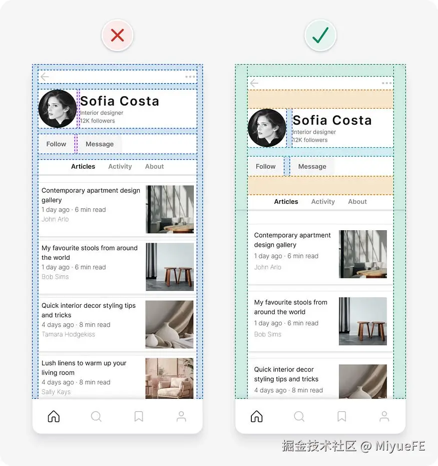 UI design examples with spacing highlighted