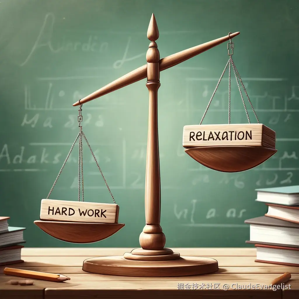 DALL·E 2024-12-06 23.12.13 - A balanced scale with two sides, one side showing 'hard work' and the other side showing 'relaxation,' both equal in weight. The background is soft an.webp