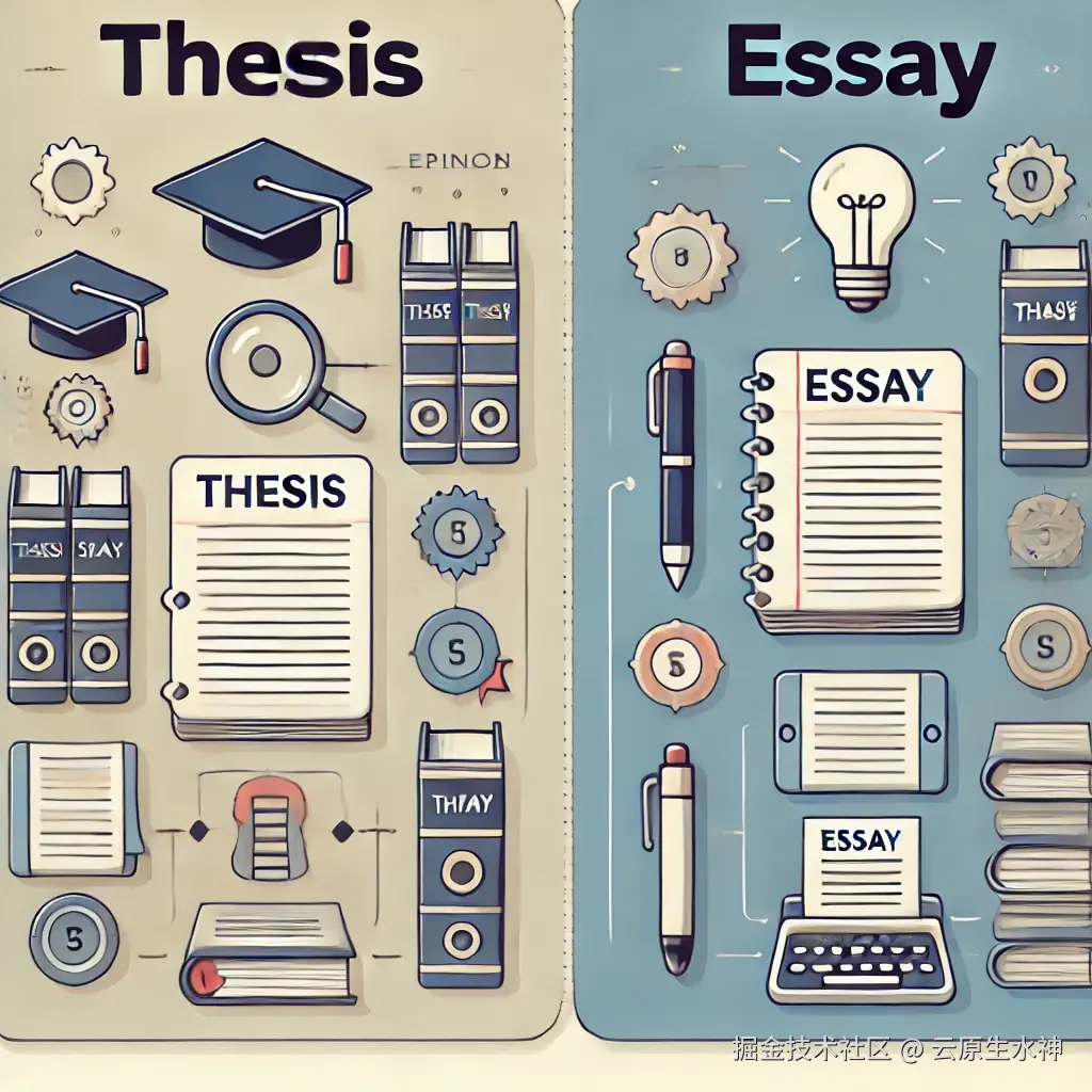 DALL·E 2024-10-27 23.01.39 - A side-by-side illustration contrasting 'Thesis' and 'Essay' for academic writing. On the left side, a 'Thesis' section with symbols representing acad.webp