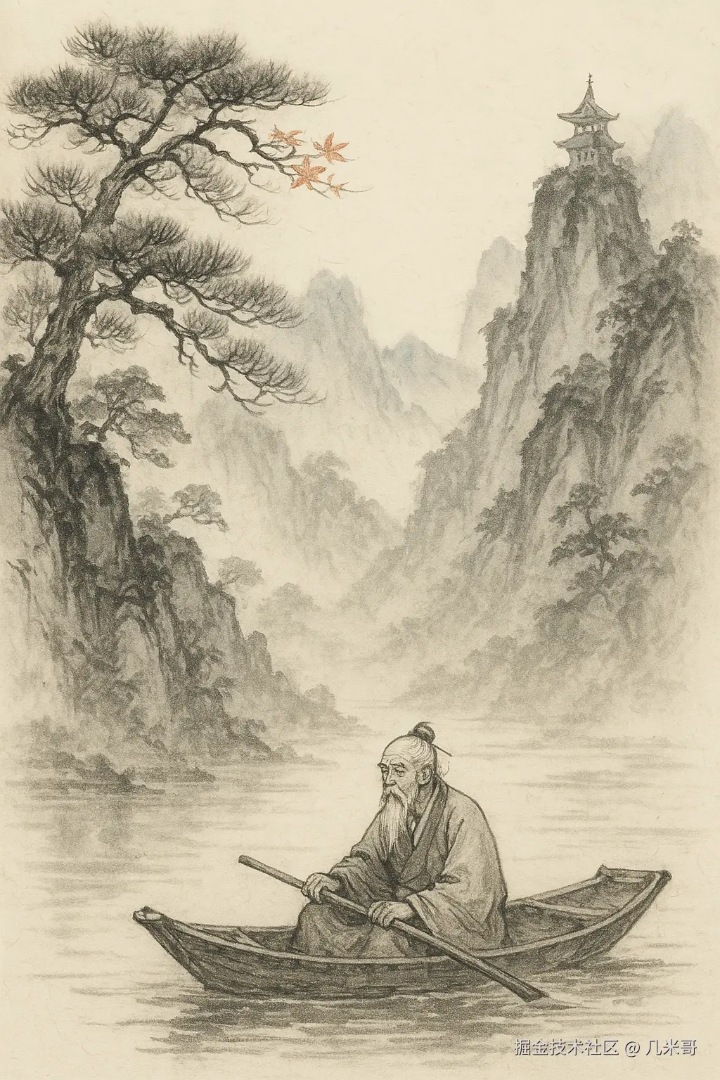 水墨山水画中的江上学者