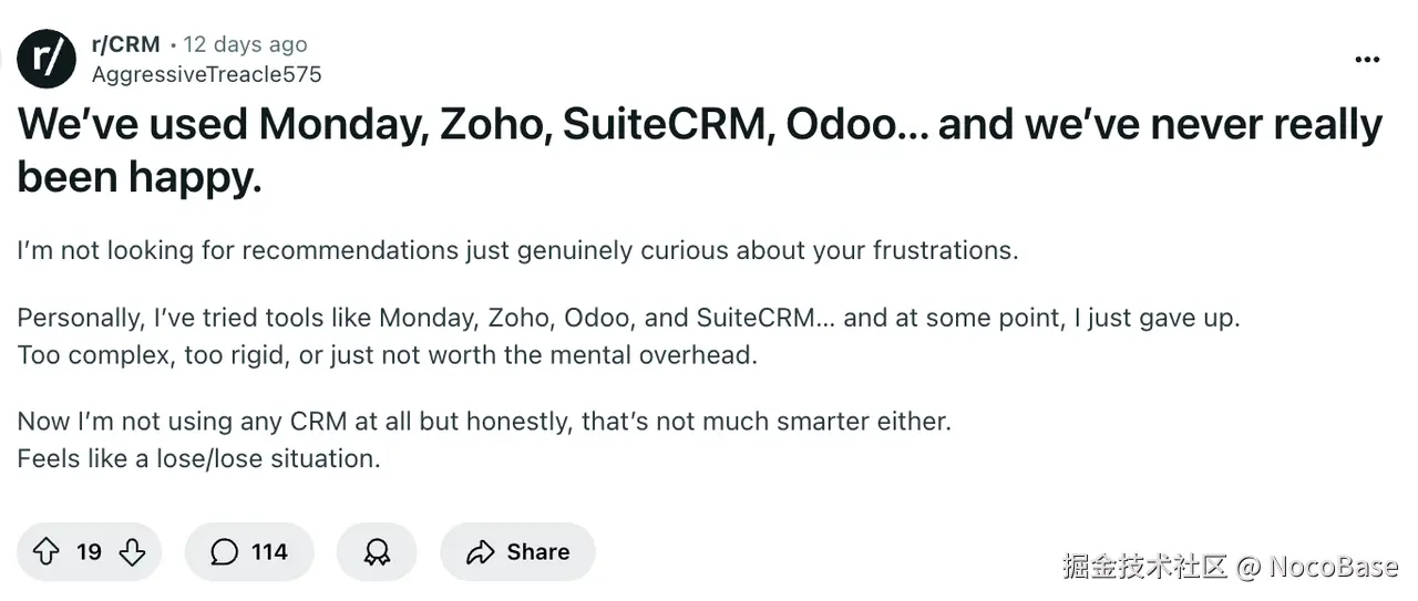 A user in the r/CRM community complained