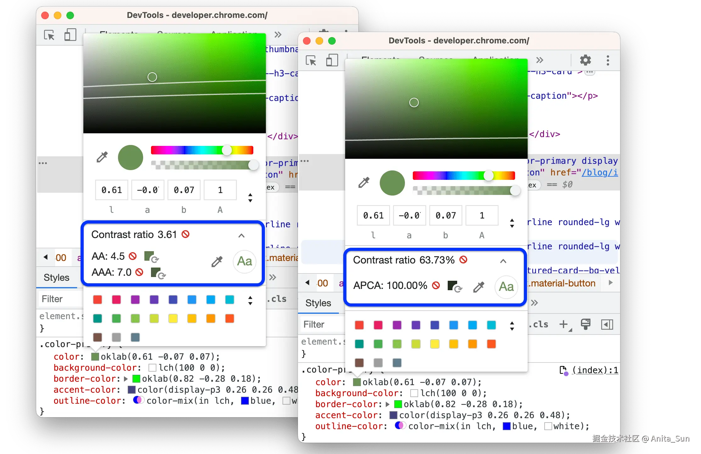 根据 WebAIM 或 APCA 准则展开的对比度部分。