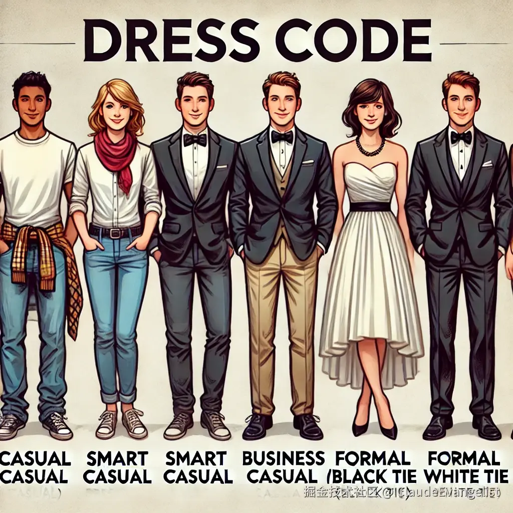 DALL·E 2024-12-16 10.42.18 - An educational illustration explaining the concept of dress code, featuring five distinct groups of people dressed according to different dress codes_.webp