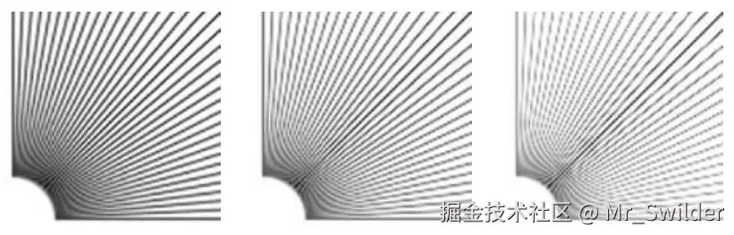 图5.42：左边，在抗锯齿之后进行了伽马矫正。中间，在抗锯齿之后进行了部分 伽马 矫正。右边，没有进行伽马矫正。