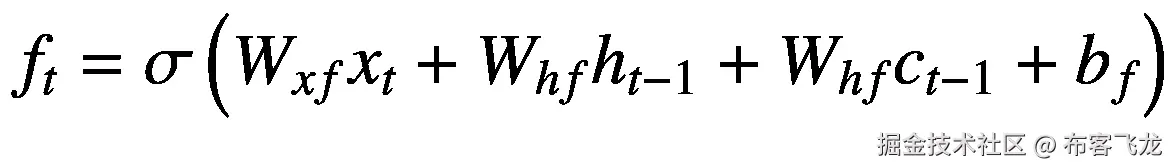 {f}_t=\sigma \left({W}_{xf}{x}_t+{W}_{hf}{h}_{t-1}+{W}_{hf}{c}_{t-1}+{b}_f\right)